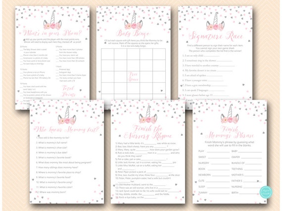Pink Silver Unicorn Baby Shower Games Package, whats in your phone, who knows mommy best, pink unicorn TLC556 Il_570xn