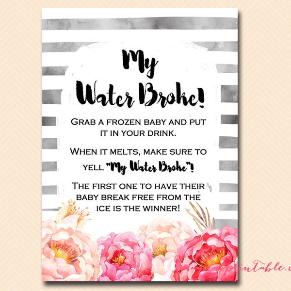 My water broke, ice cube baby game, ice cube game, Watercolor Peonies Baby Shower Games Printable, Baby Shower Activities TLC95