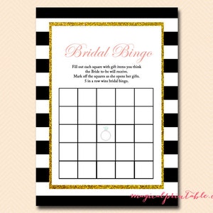 Tarjetas de bingo nupciales, juego de despedida de soltera de bingo de regalo imprimible, rayas blancas y negras, brillo dorado elegante, juegos de despedida de soltera BS61