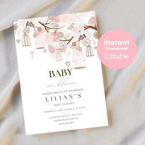 DIY Pink Floral Bird Cage Custom Invitation, Baby Shower Invitation, Bridal Shower, Birthday Party Invitations, printabell bs42 tlc18 canva
