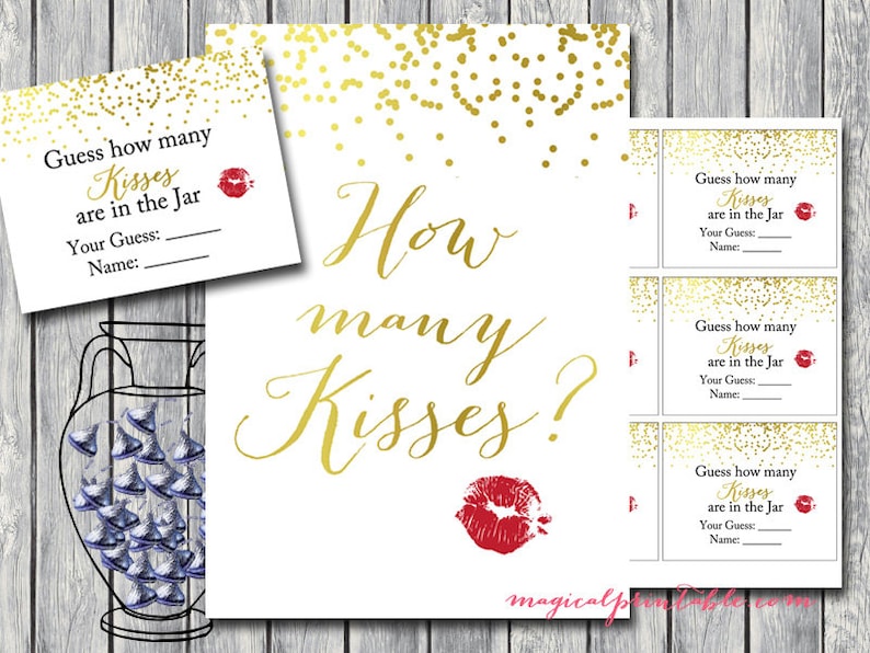 How many kisses in the jar, guess how many candy in the jar, Gold Confetti Bridal Shower Game, Bachelorette, Gold Bridal Shower BS87 image 1