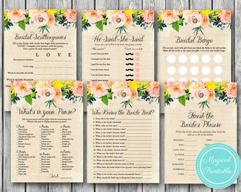 Floral Rustic Burlap Bridal Shower Game Printable, He said She Said, Movie Quote, Price is Right, How well do you know Bride etc BS183