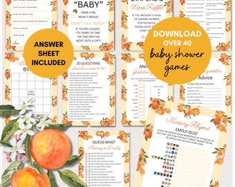 May include: A set of printable baby shower games featuring a citrus theme. The games include "Baby Wishes", "Don't Say Baby", "Diapers & Wipes Raffle", "Who Knows Mummy & Daddy Best", "Bingo", "20 Questions About the Parents to Be", "Animal Gestation", "Guess Who Mommy or Daddy", "Big Sister Advice", and "Nursery Rhyme Emoji Quiz".