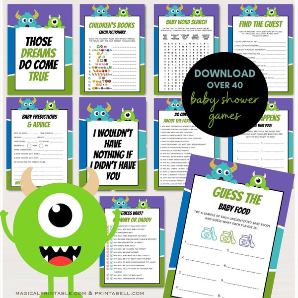 Набор игр для детского душа Monster, Маленький монстр уже в пути Baby Shower, Шаблон игр для детского душа на тему монстров, TLC771