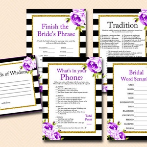 Purple floral Bridal Shower Game Pack, Black and White stripes Bridal Shower games and activities, Unique Bridal Shower, Wedding Shower BS66