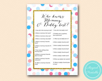 Who knows mommy and daddy best Game Printable, Boy or Girl, Gender Reveal Baby Shower Games, Game Printable, Baby Shower Activities TLC430R