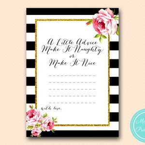 Advice for the Bride, Nice or Naughty Advice Card, Black Stripes, Pink Floral Bridal Shower, Black and Gold, Bachelorette Game BS10B BS10