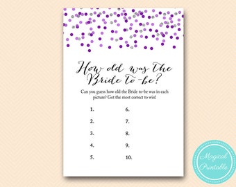 How Old was the Bride, Guess the age of Bride, Photo Game, Purple and Silver Bridal Shower Game Printable,  Wedding Shower BS426