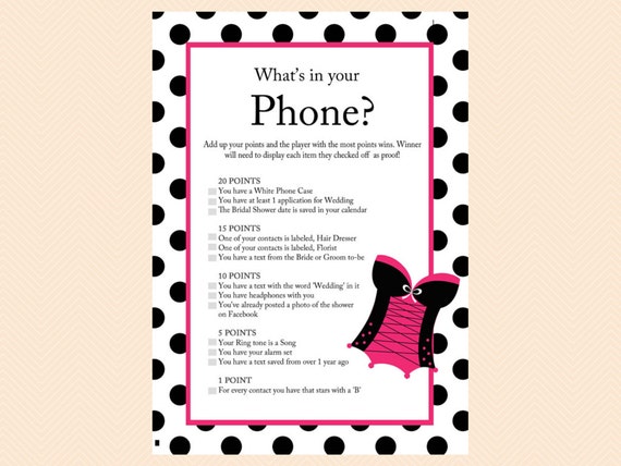 What's in your phone, Corset, Girly Lingerie Bridal Shower Games, Underwear  Bridal Shower Games, Bachelorette Games, Wedding Shower BS32