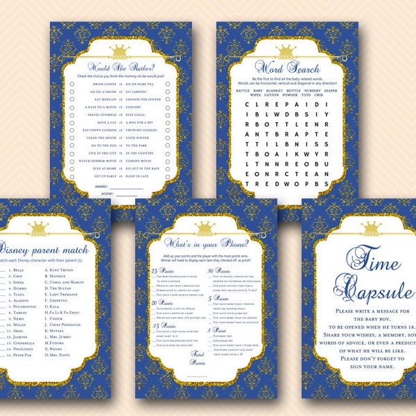 Navy Royal Prince Baby Shower Games Package, Download, would she rather, boy time capsule, parent match game, baby word search TLC109