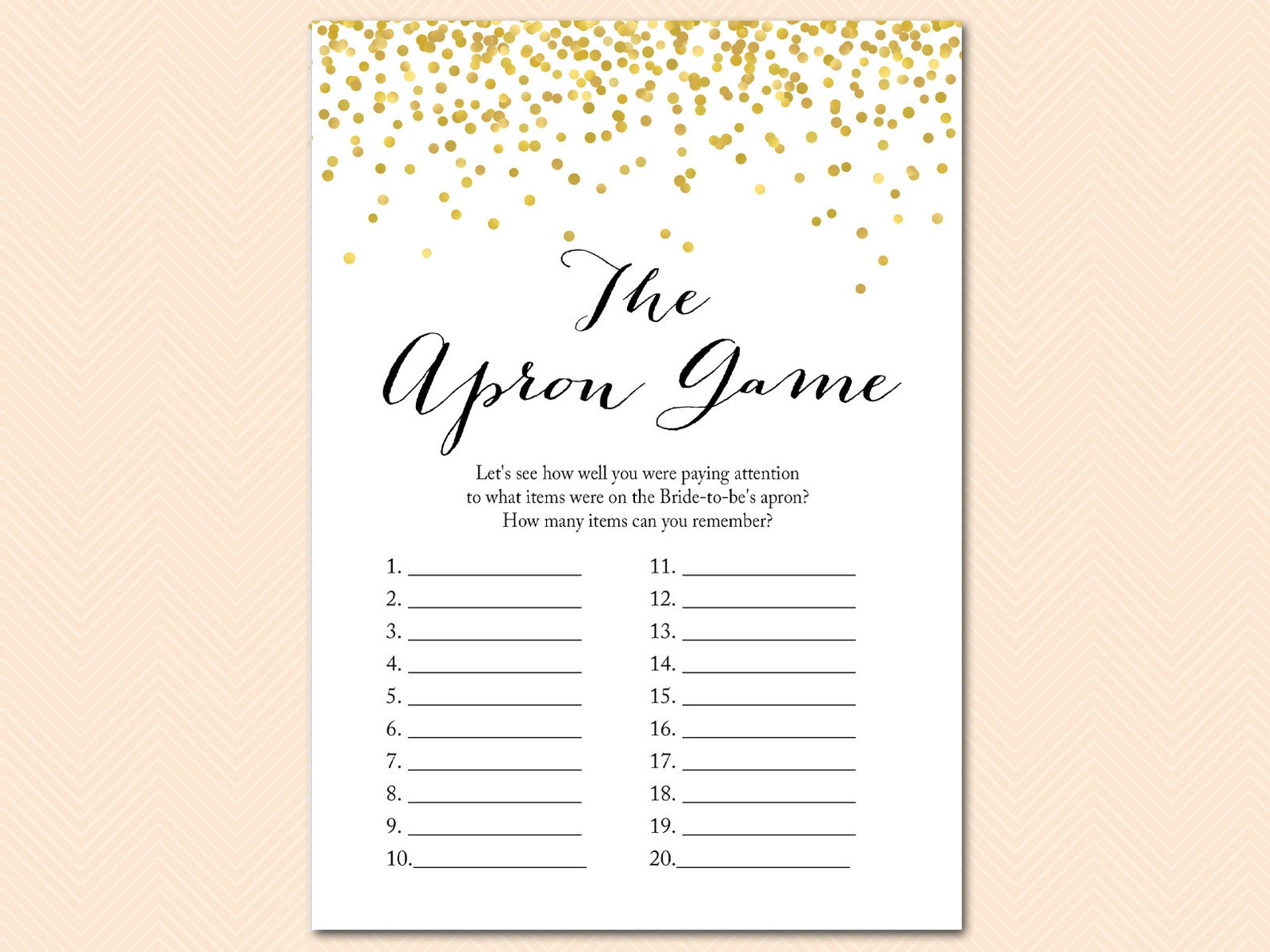 Apron Game Memory Game, Bridal Shower Apron Item Game, Gold Confetti ...