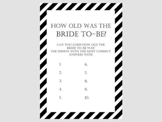 How old was the bride to be, guess age, Modern Black White Stripes Bridal Shower Game, Unique Bridal Shower Games, Wedding Shower Games BS08 Il_570xn