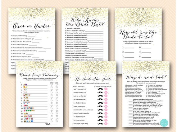 Gold Bridal Shower Games Package, Over or under, why do we do that, who knows bride, he said she said, Bridal shower games download BS472B Il_570xn