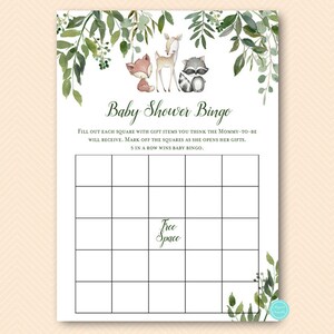 Greenery Woodland Animals Bingo Baby Shower Game, Baby Shower Bingo, Baby Shower Bingo Cards, Baby Shower Games, leafy woodland TLC653