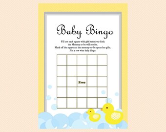 Baby Bingo, Baby Bingo Cards, Duck Theme, Rubber Duck Baby Shower Game Printables, Gender Neutral Games, Yellow, TLC35
