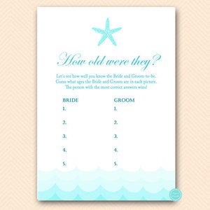 Beach how old were they, how old was bride and groom, Nautical, Sea, Starfish, Beach Bridal Shower Games, beach Wedding Shower BS28