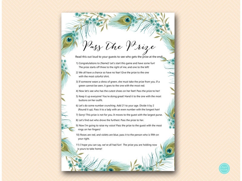 Pass the Prize, Pass the Parcel Game, Poem, Peacock Bridal Shower Activity Printable, Peacock Baby Shower, Wedding Shower BS462 - Etsy for Pass The Prize Bridal Shower Game Free Printable