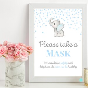 Please Take a Mask Baby Shower Sign, Wear a Mask Social Distance, Boy elephant baby shower, Gray and Blue Elephant Baby Shower Game, TLC689 image 1