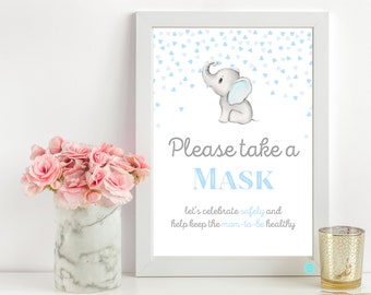 Please Take a Mask Baby Shower Sign, Wear a Mask Social Distance, Boy elephant baby shower, Gray and Blue Elephant Baby Shower Game, TLC689