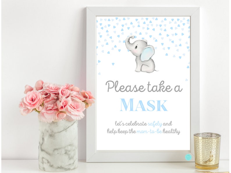 Please Take a Mask Baby Shower Sign, Wear a Mask Social Distance, Boy elephant baby shower, Gray and Blue Elephant Baby Shower Game, TLC689 image 1