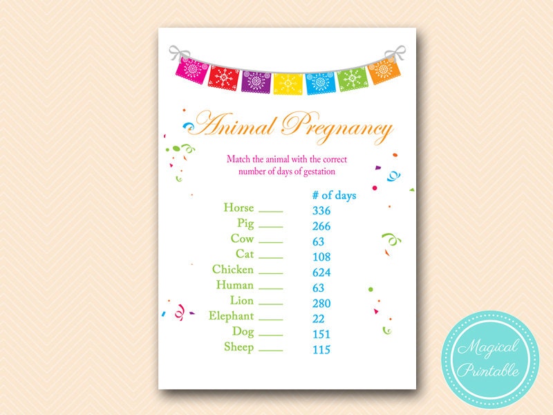 Animal Pregnancy Gestation Game, Baby Shower animal Game, Fiesta Baby Shower, Baby Shower Games & Activities, Tropical Baby Shower TLC107 MB