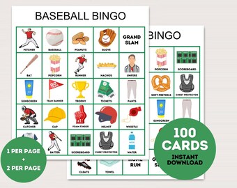 Baseball Bingo Cards, 100 Printable Baseball bingo, Baseball Party Activity, Baseball Party Game, Baseball Birthday Game, Baseball, bs701