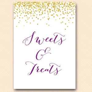 Purple and Gold sweets and treats sign, Dessert Buffet Sign, Wedding Sign Printable, confetti, Purple and Gold, Purple Bridal Shower BS84