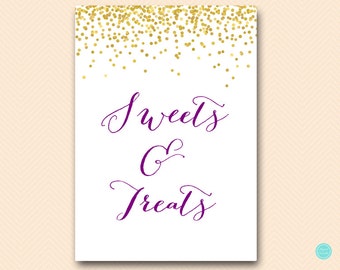 Lila und Gold Süßigkeiten und Leckereien Schild, Dessert Buffet Schild, Hochzeitsschild Printable, Konfetti, Lila und Gold, Lila Bridal Shower BS84