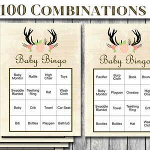 Prefilled Baby Shower Bingo Cards 100 Combinations, Prefilled Baby Bingo, Rustic Woodland Baby Shower Games Printable,  TLC21