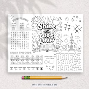 Può includere: Foglio di attività in bianco e nero con il testo "Shine with God's Love!" con ricerca di parole, decodifica e un labirinto. Include una matita con gomma verde.
