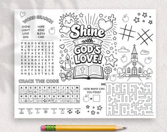 Bible Activity Placemat Coloring Page, Christian Kids Printable, Shine With Gods Love, Church Game, PDF, Coloring Page, Activity Sheet BP877