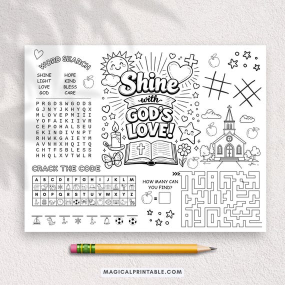 Bible Activity Placemat Coloring Page, Christian Kids Printable, Shine With Gods Love, Church Game, PDF, Coloring Page, Activity Sheet BP877