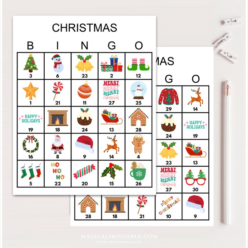 May include: Two printable Christmas bingo cards with a variety of festive images, including a Christmas tree, Santa Claus, a gingerbread house, and a candy cane. The cards are designed for a Christmas party or family gathering.