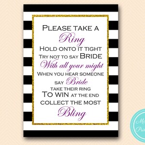 don't say bride, grab a ring game,  bridal shower, Purple Bridal Shower Games, Gold Glitter Bridal Shower Games, Wedding Shower Games BS153