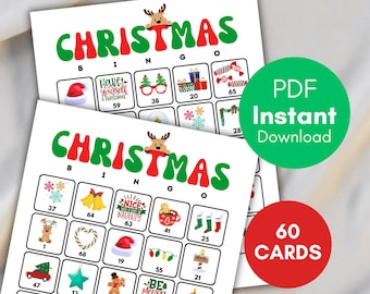 May include: Two white Christmas Bingo cards with red and green text and illustrations. The word "CHRISTMAS" is at the top. A green circle says "PDF Instant Download" and a red circle says "60 CARDS".