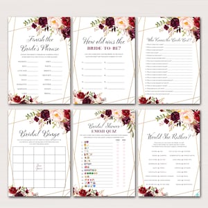 Burgundy Bridal Shower Games Package, Instant Download, who knows the Bride Best, Would she rather, Wedding Shower, Where were they BS649