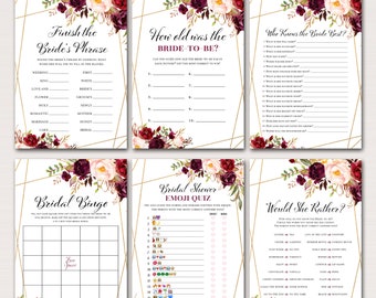 Burgundy Bridal Shower Games Package, Instant Download, who knows the Bride Best, Would she rather, Wedding Shower, Where were they BS649