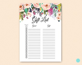 Garden Gift list, Bridal Shower Gift List, Baby Shower Gift List, Guest list printable, Gift Checklist, Gift Tracker, gift lists TLC436