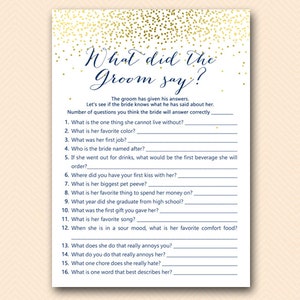 Navy Gold Bridal Shower Games, What did the Groom Say, What did he say about her, Newlywed Game, Bridal Shower Game, Games Download BS472N