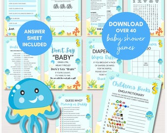 May include: A set of printable baby shower games with a blue and yellow ocean theme. The games include "Baby Wishes", "Guess the Baby Food", "What's on Your Phone", "Baby Word Search", "Don't Say Baby", "Diaper Wipe Raffle", "Children's Books Emoji Pictionary", "Guess Who: Mommy or Daddy", and "World Bingo".