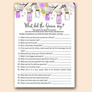 Purple Mason Bridal Shower Games, What did the Groom Say, What did he say about her, Newlywed Game, Bridal Shower Game, Games Download BS49