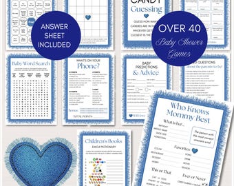 Redigerbara babyshower-lekpaket med blå jeans, baby med denimtema, babyshower med denim, mall för babyshower med blå jeans TLC755 canva