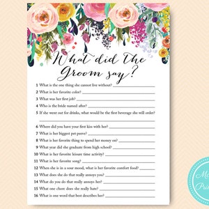 Chic What did the Groom Say, What did he say about her, Newlywed Game, Floral Bridal Shower, garden bridal shower printable game BS138