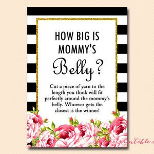 How big is mommy's belly, guess the size of belly, Black and white baby shower, black stripes baby shower, TLC04, tlc116