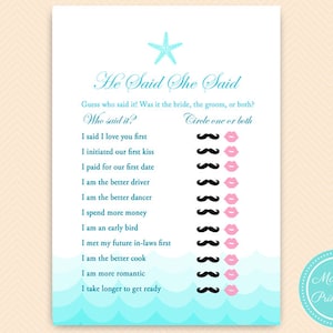 he said she said bridal shower, who said it first, Nautical, Sea, Starfish, Beach Bridal Shower Games, Bachelorette, Wedding Shower BS28