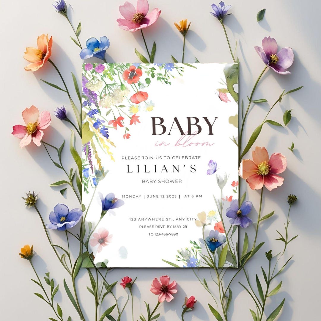 Spring Invitations Bloom Editable Baby in Bloom Baby Shower Invitation, Wildflowers Invitations ...