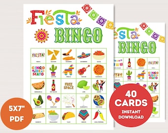 May include: A set of 40 printable 5x7 inch Fiesta Bingo cards. The cards feature a variety of images related to the Mexican holiday, including food, drinks, and decorations. The text "Fiesta Bingo" is written in a festive font with a green background.