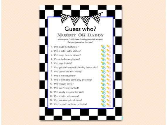 blue racing car mommy or daddy game guess who baby shower etsy
