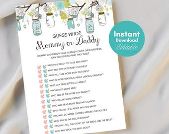 Editable Mason Jars Mommy or Daddy Game, Guess who baby shower game, Printable Baby Shower Games, Who knows Mommy and Daddy Best TLC146