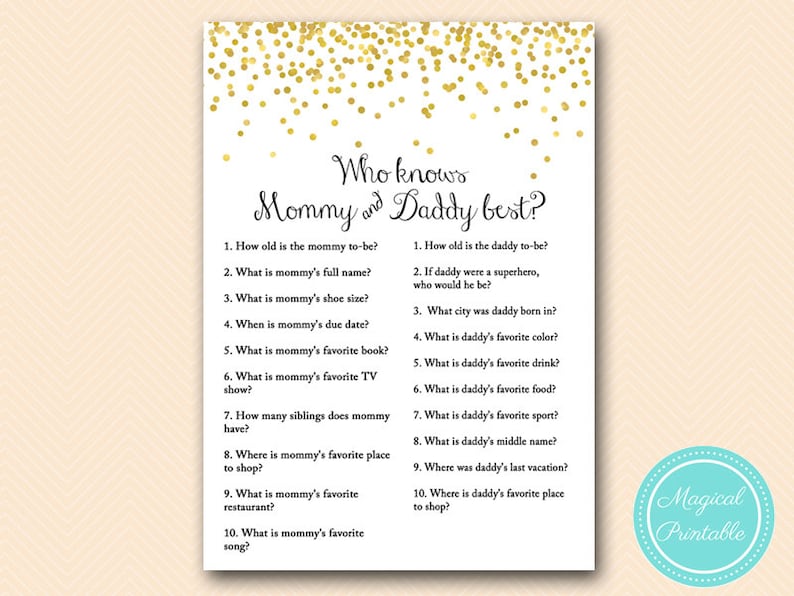 Who Knows Mommy Daddy Best Coed Game Gold Baby Shower Baby Etsy Who Knows Mommy Daddy Best Coed Game Gold Baby Shower Baby Etsy